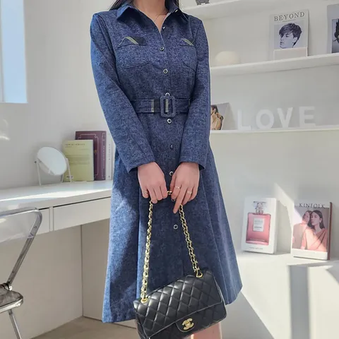 여자 상견례룩 체크벨트 버튼 투포켓 A라인 롱원피스