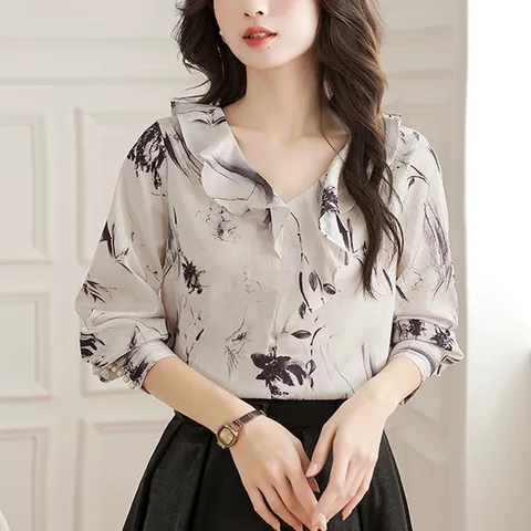 러플브이넥 프린팅 블라우스 511664