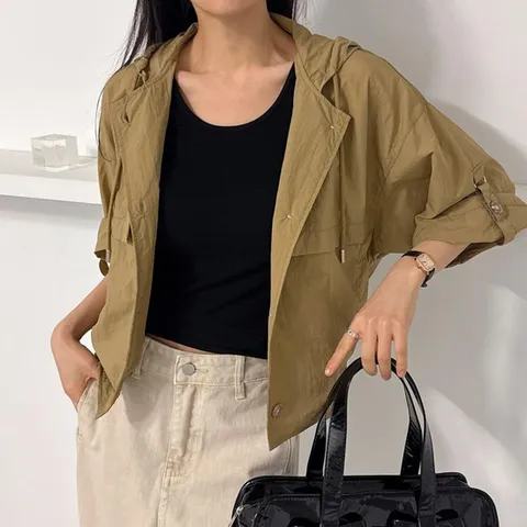 여성 바람막이 롤업 반팔 스트링 후드 봄아우터 점퍼