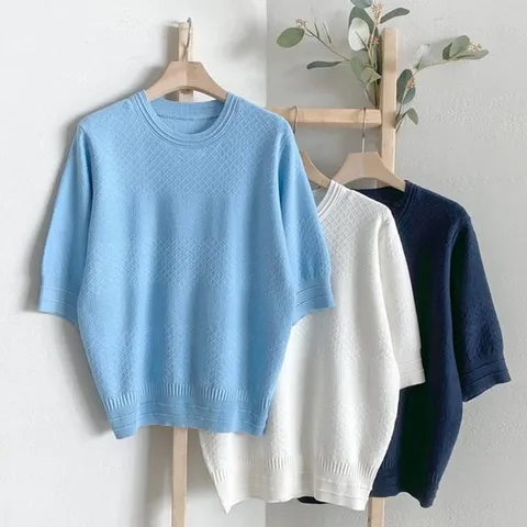 여성 오버핏 더블짜임 라운드넥 5부소매 시보리 니트