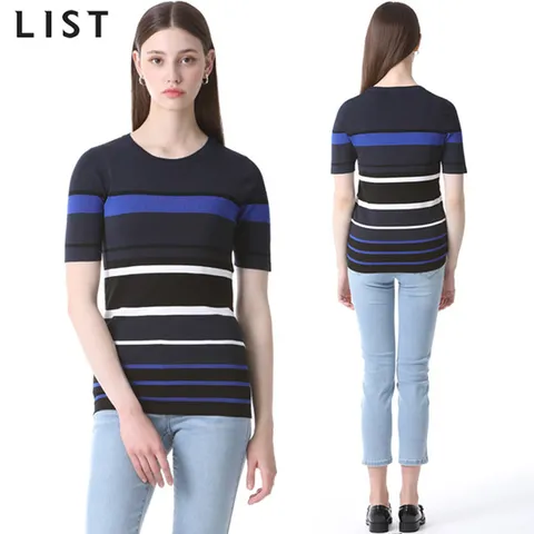 [리스트(LIST)] 캐주얼 멀티 스트라이프 반팔 니트 (택가격:138000원)