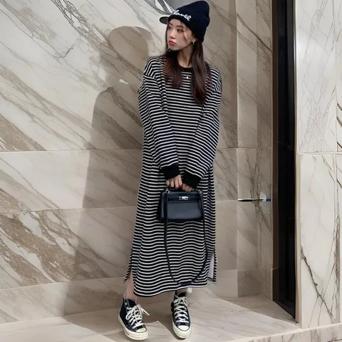 여성 스트라이프 밑트임 빅사이즈 롱원피스