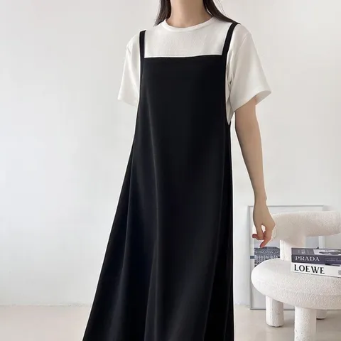 여자 스퀘어넥 끈나시 흰색반팔 레이어드 롱원피스