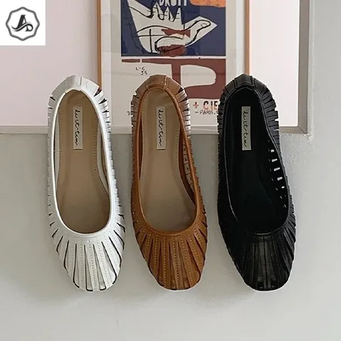 [애슬릿] 천연 소 가죽 여성 절개 플랫 슈즈 단화 구두