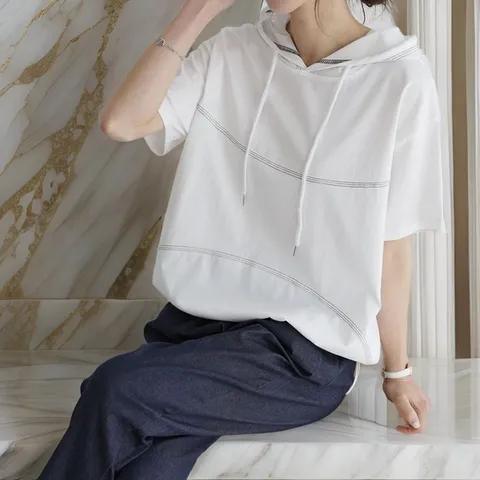 여자 썸머 오버핏 스트링 반팔후드티 티셔츠