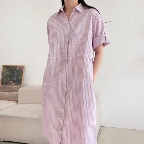 여자 스트라이프 진주단추 스트링 투웨이 셔츠 롱원피스