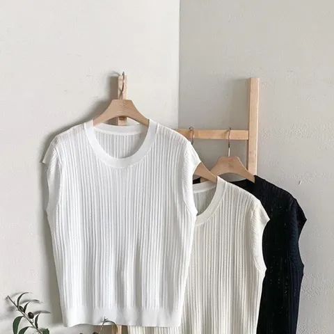 여성 세로골지 캡소매 비스코스 라운드넥 니트