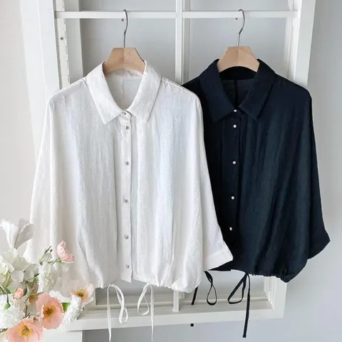 여자 린넨 혼방 동글단추 스트링 루즈핏 셔츠 남방