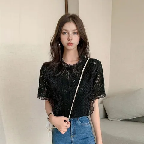 여성 여름 시스루 반팔 레이스 블라우스 안감비침없음 (WF4D1E8)