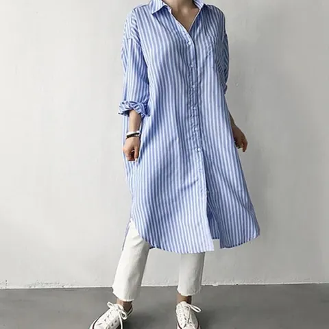 여성 블루 스트라이프 롱셔츠 절개 데이트룩 베이직 (WA888D4)