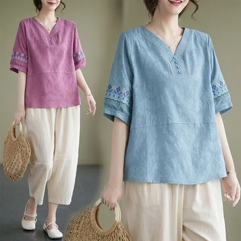 은창에스닉 소매 자수 헨리넥 티셔츠 블라우스 여름 (WFHOA3F)