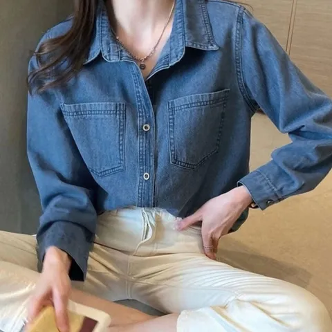 여성 데일리 루즈한 실루엣 빈티지 진청남방 데님셔츠 (WFG6P3L)