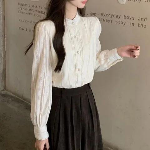 노카라 플라워 패턴 레이스 기모안감 블라우스 (WFG7IJO)
