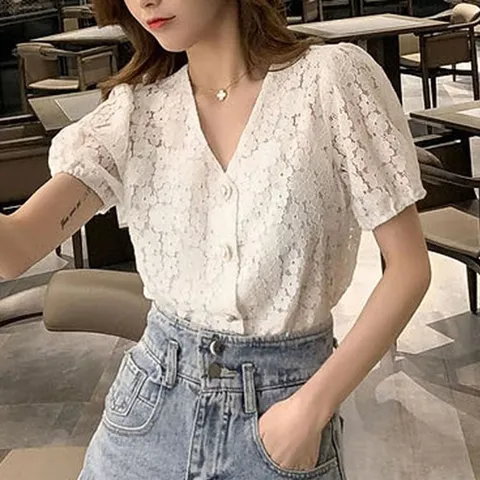 플라워 패턴 브이넥 시스루 자수 블라우스 퍼프소매 (WE97D6C)