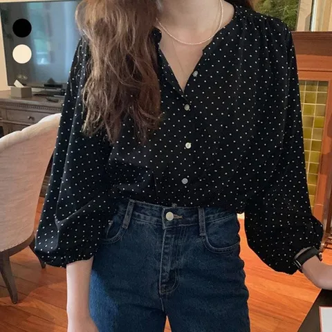 여성 라운드넥 도트 밴딩 블라우스 URK381 풍기 면 블 (WFG20CU)