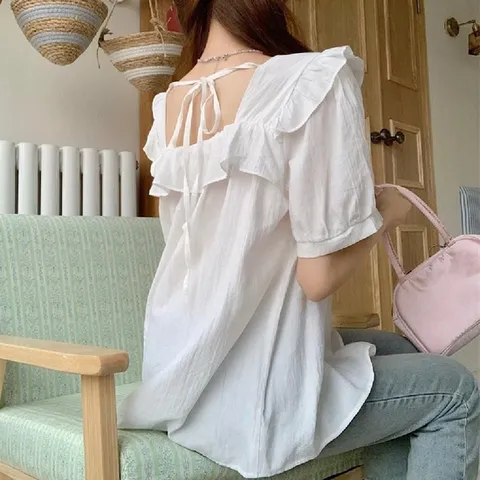 스퀘어넥 프릴 블라우스 LLT151 브이넥 숙 리본 루즈 (WFG7AFZ)