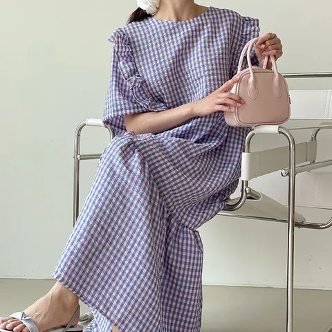 여자 러블리 프릴 빅사이즈 시어서커 체크 롱원피스