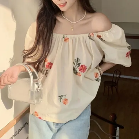 여성 오픈 숄더 소매 예쁜 꽃무늬 여리 블라우스 (WFHFHZC)
