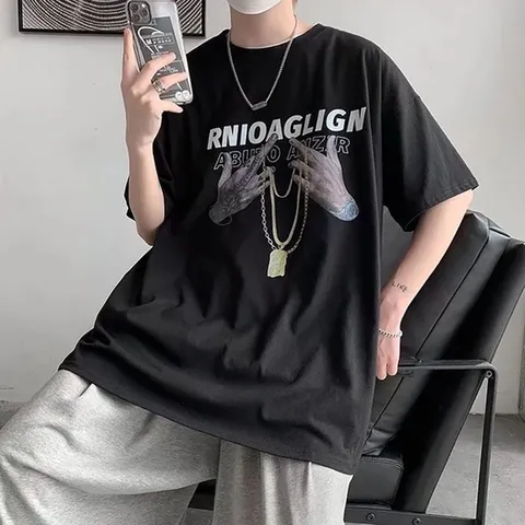 골드 체인 넥클래스 프린팅 오버핏 박스 티셔츠 (WAA33AF)