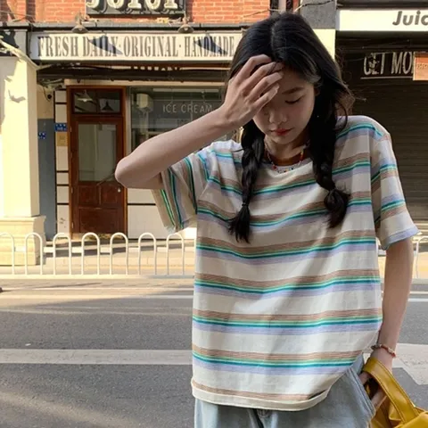 여성 루즈핏 빅사이즈 시원한 냉감티 복고 연예인 줄 (WF3A304)