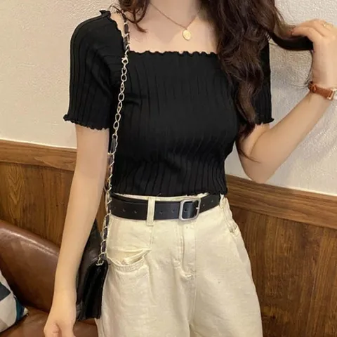 스모크 크롭탑 밴딩 숄더 귀여운 여름 코디 파스텔색 (W879C57)