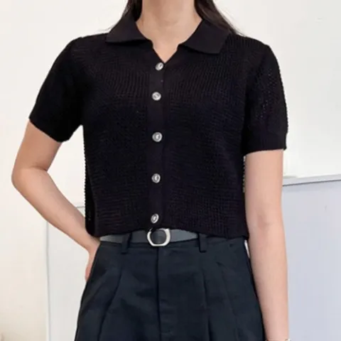 심플 데일리 웨어 여자 시스루 크롭 단추 니트 (WFC07FB)