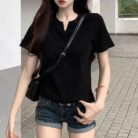 라운드넥 V트임 심플 캐주얼 반팔 티셔츠 (WF2F535)