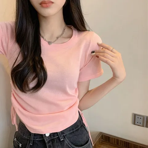 여자 라운드넥 옆 셔링 세미 크롭 쫀쫀 반팔 티셔츠 (WFA4708)
