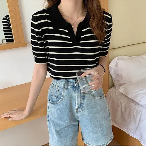 여자 단정한 여름 브이넥 카라 단가라 반팔 니트 (WF52AB5)