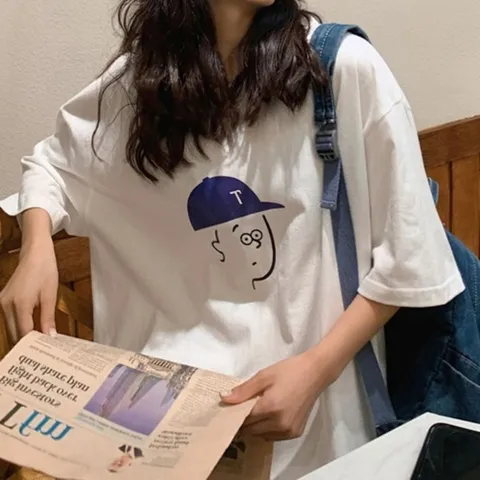 캐쥬얼 코디 귀여운 프린팅 오버핏 날씬 박스 티셔츠 (WE7195F)