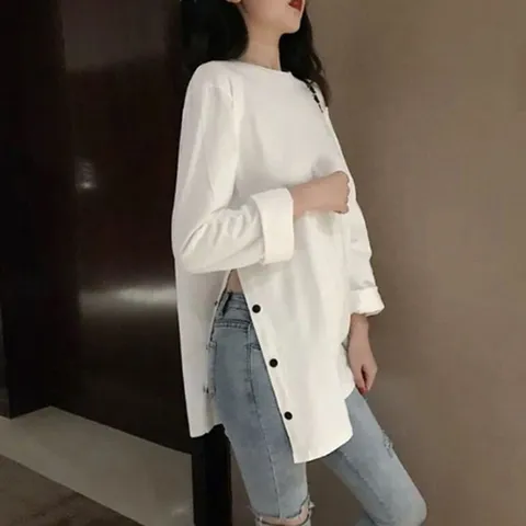 오오티티 루즈핏 옆트임 라인 단추 롱티셔츠 (WF8B21D)