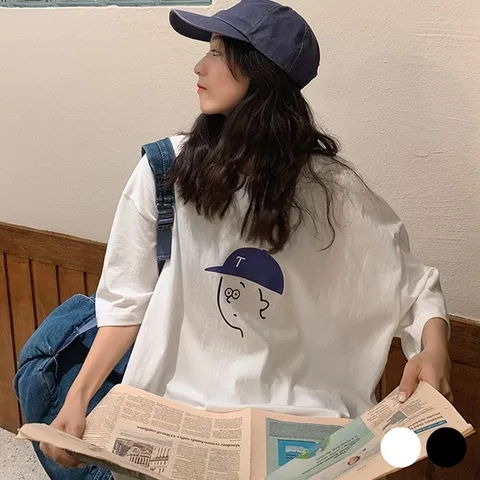 여성티셔츠 얼굴 프린팅 오버핏 박스티 (WE8754A)
