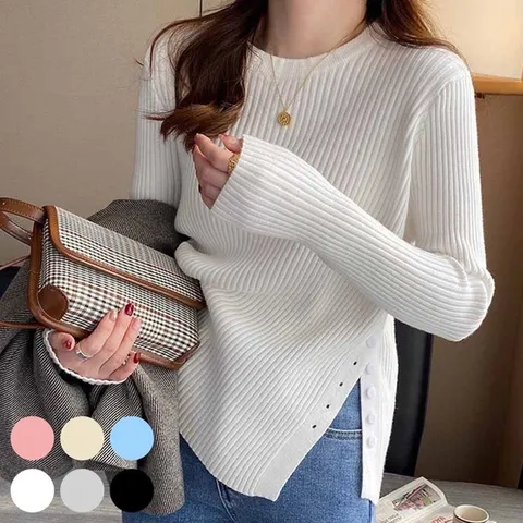 여성티셔츠 라운드넥 옆부분 절개 단추 니트 (WE81D85)