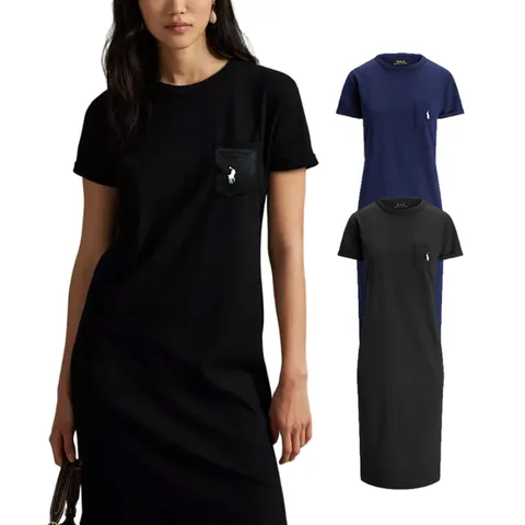 폴로 랄프로렌 포니 자수 로고 옆트임 반팔 롱 원피스