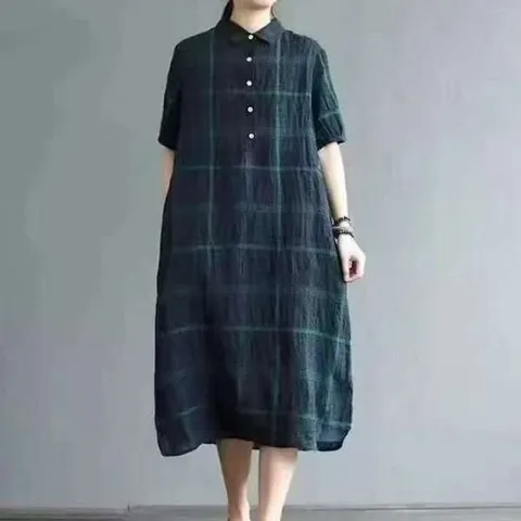 [애슬릿] 체크 롱 원피스 여성 면 반팔 카라 여름 단추 루즈핏