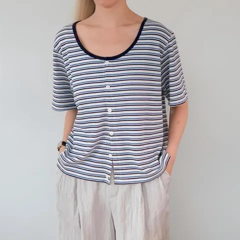 여성 스트라이프 링거 스쿱넥 빅사이즈 반팔 여름 카디건