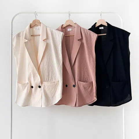 여성 여름용 버튼 롱 카라 조끼 힙커버 뒤트임 조끼