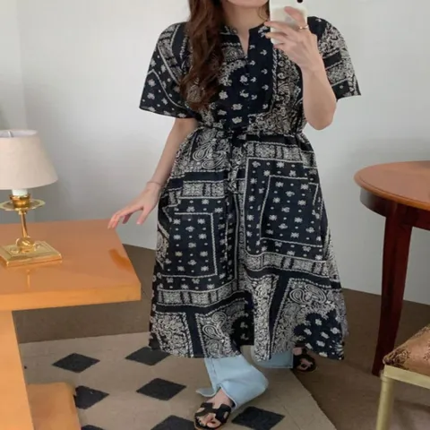 여자 페이즐리 반다나 롱 반팔 원피스