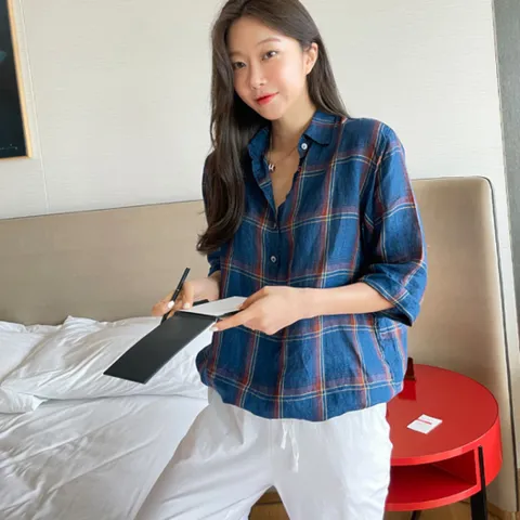 루시다 린넨100% 소드 린넨 체크 블라우스