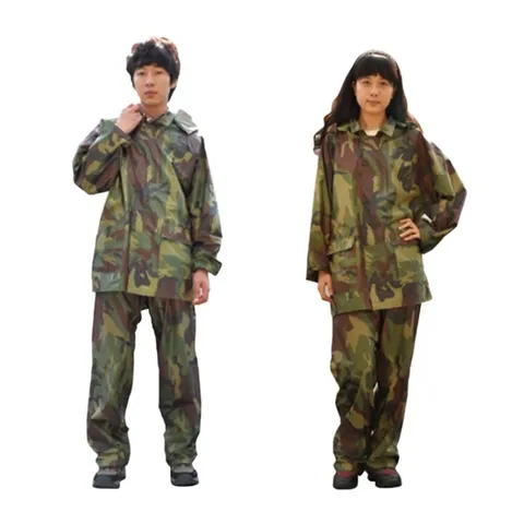 남성 산행용 등산우의 롱슬리브 긴바지 카모플라쥬 세트