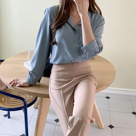 M7 여자 코튼면 웨딩 롱슬리브 들러리룩 블라우스