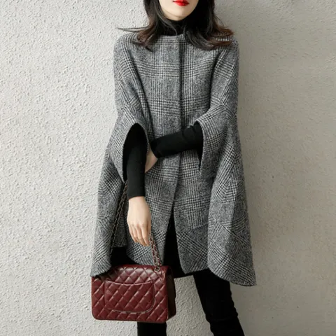 (무드무드) 그레인 체크 케이프 코트