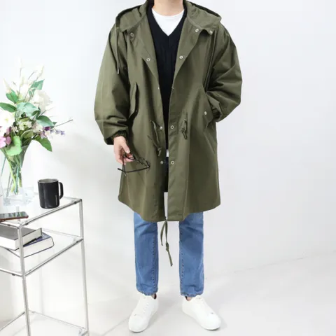 남자 오버핏 코튼 롱 후드 스트링 야상 점퍼