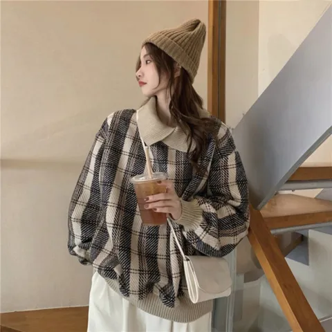 (옷자락) 여자 소매시보리 니트카라 체크패턴 키치룩 맨투맨