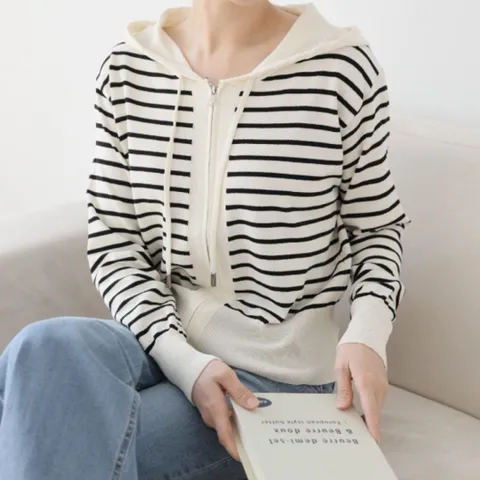 여자 비스코스 후디 봄아우터 스트라이프집업 점퍼
