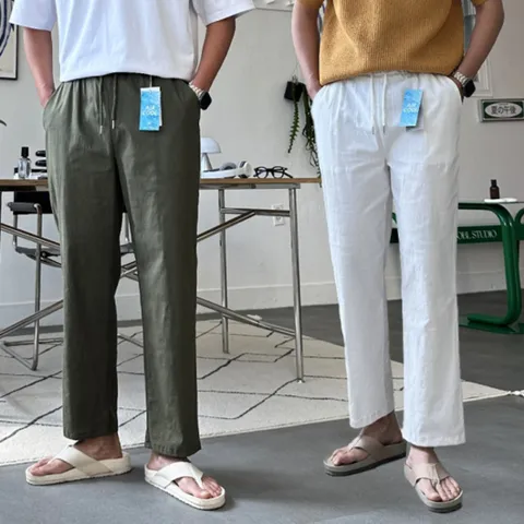 사쿠 남자 리넨 린넨 테이퍼드 쿨링 밴딩 팬츠 바지
