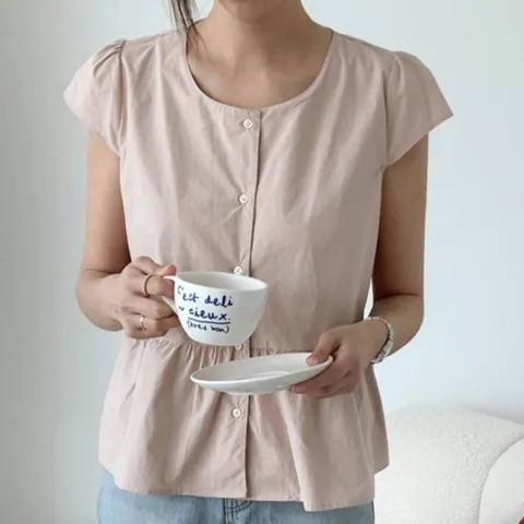 M7 여자 잔주름 민무늬 SS 슬리브 캡 블라우스