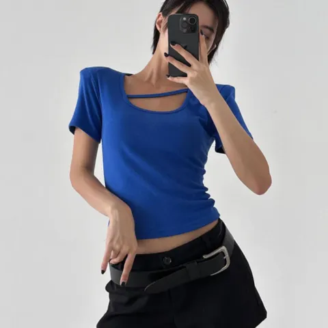 M7 여자 슬림 파랑 파워숄더 어깨패드 탱크 티셔츠
