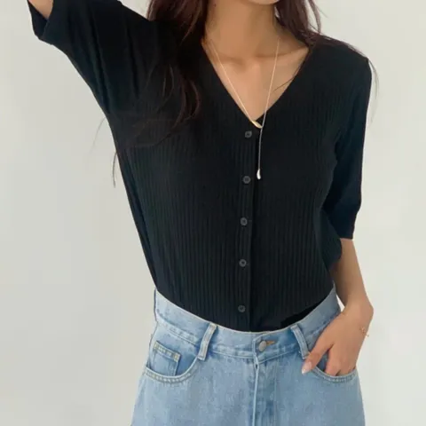 M7 여자 골지 뒷목끈 SS V넥 부드러운 가디건
