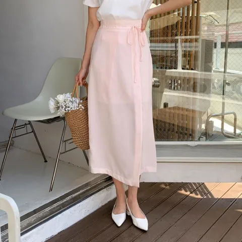 M7 여자 슬릿 리본 스트랩 옆면 SS 시폰 롱스커트